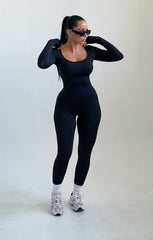Black Ribbed Long Sleeve Fitted Jumpsuit - Amara