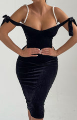 Black Velvet Pearl Strap Midi Dress - Allil