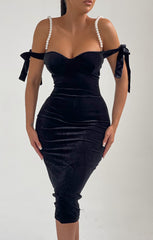 Black Velvet Pearl Strap Midi Dress - Allil