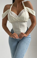 Cream Cold Shoulder V Neck Corset Top - Amiah