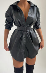 Black PU Leather Belted Mini Dress - Dani