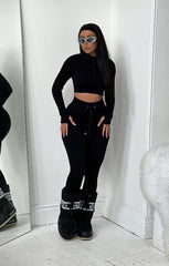 Black Ribbed Long Sleeve Quarter Zip Top And Drawstring Leggings Set - Rosetta