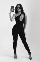 Black Slinky One Shoulder Plunge Cut Out Sleeveless Bodycon Jumpsuit - Neva