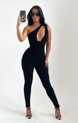 Black Slinky One Shoulder Plunge Cut Out Sleeveless Bodycon Jumpsuit - Neva