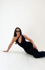 Black Slinky One Shoulder Plunge Cut Out Sleeveless Bodycon Jumpsuit - Neva