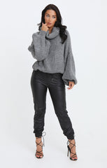 Charcoal Cowl Neck Balloon Sleeve Chunky Knit Jumper - Evelyn