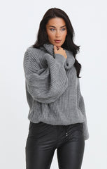 Charcoal Cowl Neck Balloon Sleeve Chunky Knit Jumper - Evelyn