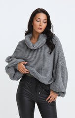 Charcoal Cowl Neck Balloon Sleeve Chunky Knit Jumper - Evelyn