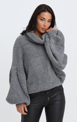 Charcoal Cowl Neck Balloon Sleeve Chunky Knit Jumper - Evelyn