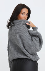 Charcoal Cowl Neck Balloon Sleeve Chunky Knit Jumper - Evelyn