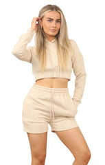 Beige Crucifix Cropped Hoodie And Shorts Loungewear Co-ord- Elora