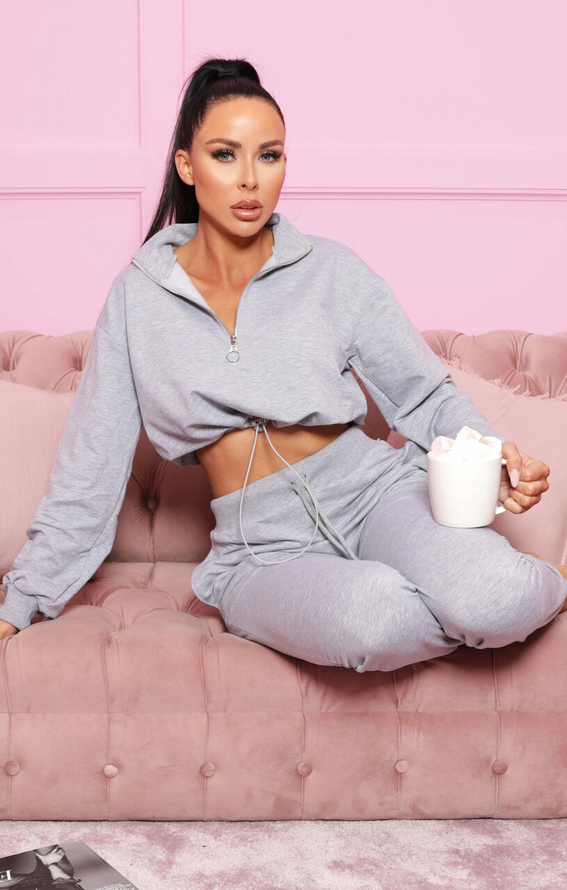 Grey Cropped Cuffed Joggers Loungewear Set Loungewear Femme