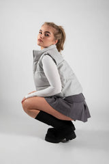 Grey Padded Faux Leather Zip Up Crop Gilet - Tia