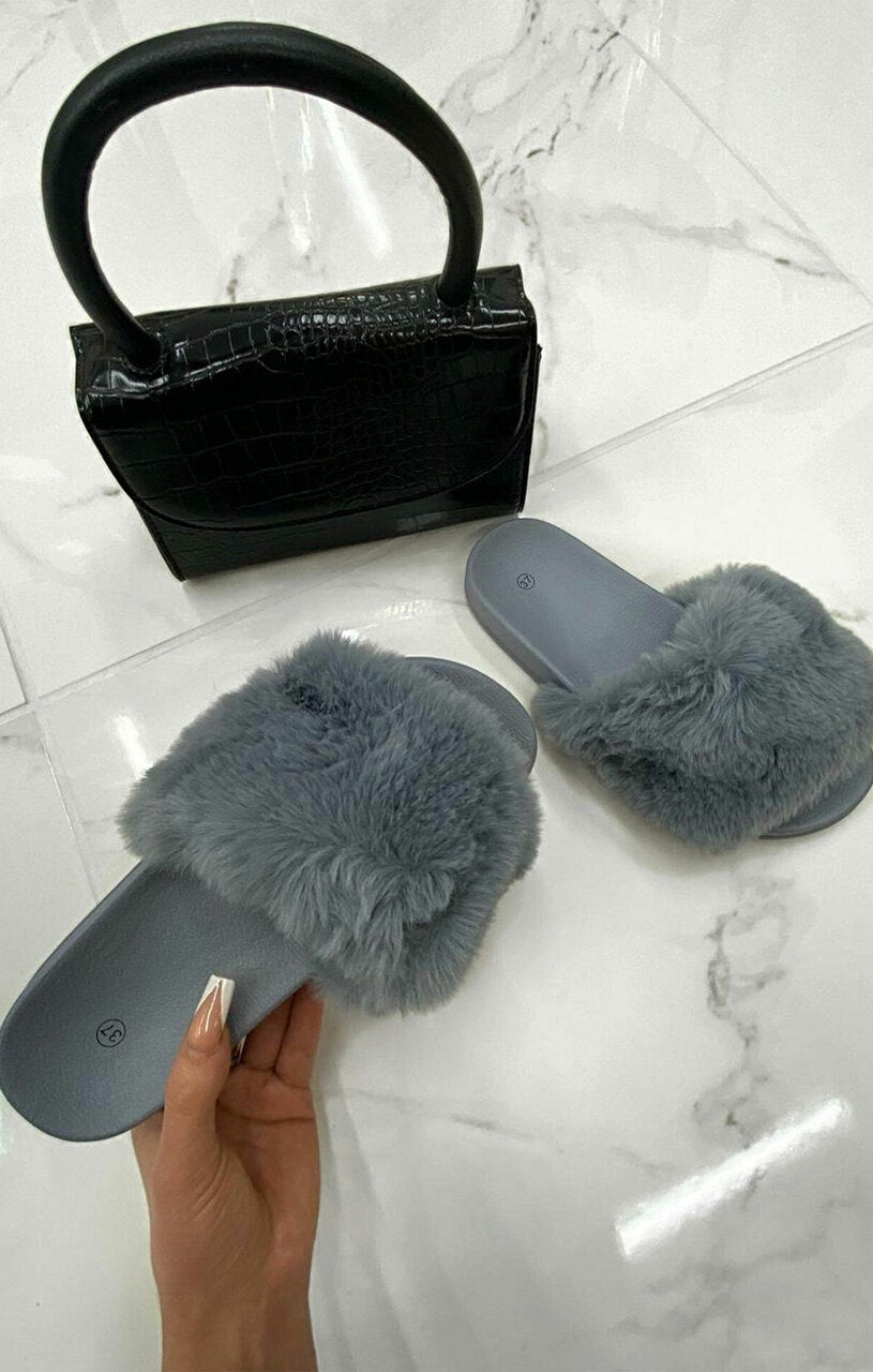 Grey Fluffy Faux Fur Sliders Shoes Femme Luxe UK