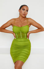 Olive Mesh Ruched Sheer Panel Strappy Bodycon Mini Dress - Hester