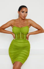 Olive Mesh Ruched Sheer Panel Strappy Bodycon Mini Dress - Hester