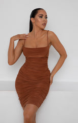 Pale Chocolate Ruched Midi Bodycon Dress - Taylor