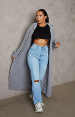 Light Grey Knitted Long Sleeve Longline Hooded Cardigan - Emily