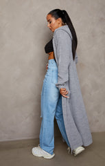 Light Grey Knitted Long Sleeve Longline Hooded Cardigan - Emily
