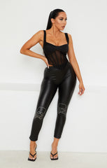 Black Shiny Metallic Skull & Bones Print Stretch Leggings - Ashley