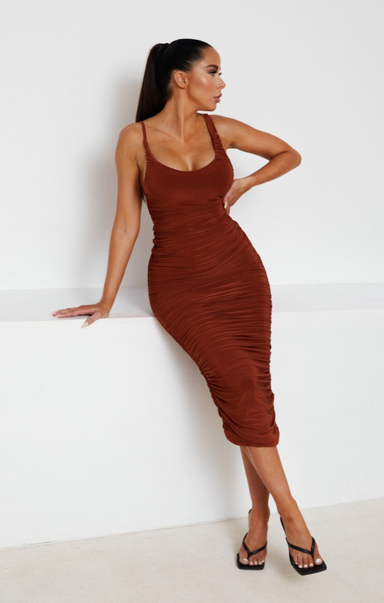 Rust Slinky Scoop Neck Ruched Bodycon Strappy Maxi Dress - Mae – Femme Luxe