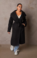 Black Long Sleeve Belted Side Pocket Shawl Collar Midi Longline Coat - Payton