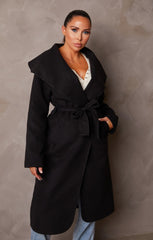 Black Long Sleeve Belted Side Pocket Shawl Collar Midi Longline Coat - Payton