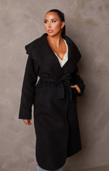 Black Long Sleeve Belted Side Pocket Shawl Collar Midi Longline Coat - Payton
