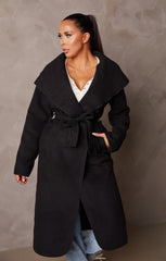Black Long Sleeve Belted Side Pocket Shawl Collar Midi Longline Coat - Payton