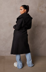 Black Long Sleeve Belted Side Pocket Shawl Collar Midi Longline Coat - Payton