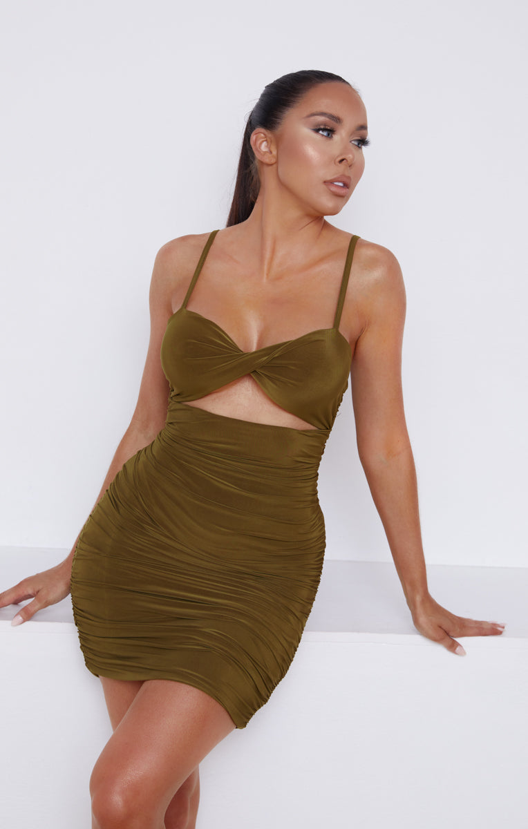 Olive Green Slinky Ruched Cut Out Strappy Bodycon Mini Dress - Mina Femme Luxe Olive Green Slinky Ruched Cut Out Strappy Bodycon Mini Dress - Mina Femme Luxe