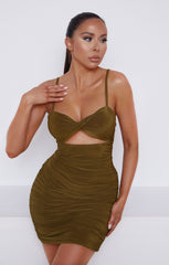 Olive Green Slinky Ruched Cut Out Strappy Bodycon Mini Dress - Mina Femme Luxe Olive Green Slinky Ruched Cut Out Strappy Bodycon Mini Dress - Mina Femme Luxe