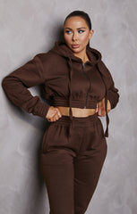 Chocolate Cropped Zip Front Elasticated Hem Hoodie And High Waisted Jogger Loungewear Set - Addisyn