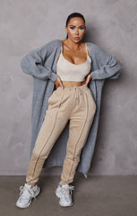 Light Grey Knitted Long Puff Sleeve Midi Longline Cardigan - Poppy