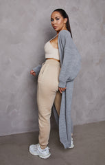 Light Grey Knitted Long Puff Sleeve Midi Longline Cardigan - Poppy