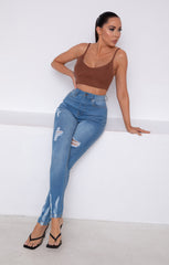 Blue Mid Wash High Waisted Distressed Skinny Jeans - Bella