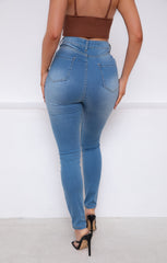 Blue Mid Wash High Waisted Distressed Skinny Jeans - Bella