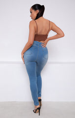 Blue Mid Wash High Waisted Distressed Skinny Jeans - Bella