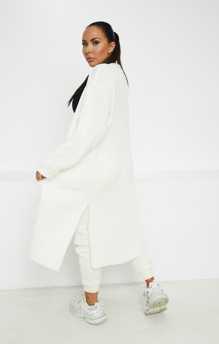 White Knitted Long Sleeve Side Split Longline Midi Cardigan
