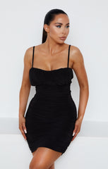 Black Ruched Strappy Bodycon Dress –