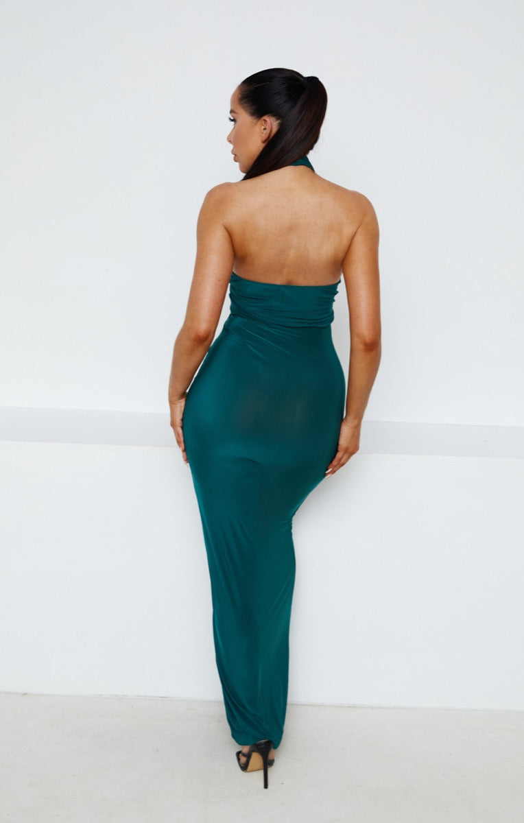Emerald Slinky High Neck Sleeveless Ruched Split Maxi Dress - Orla Femme Luxe Emerald Slinky High Neck Sleeveless Ruched Split Maxi Dress - Orla Femme Luxe
