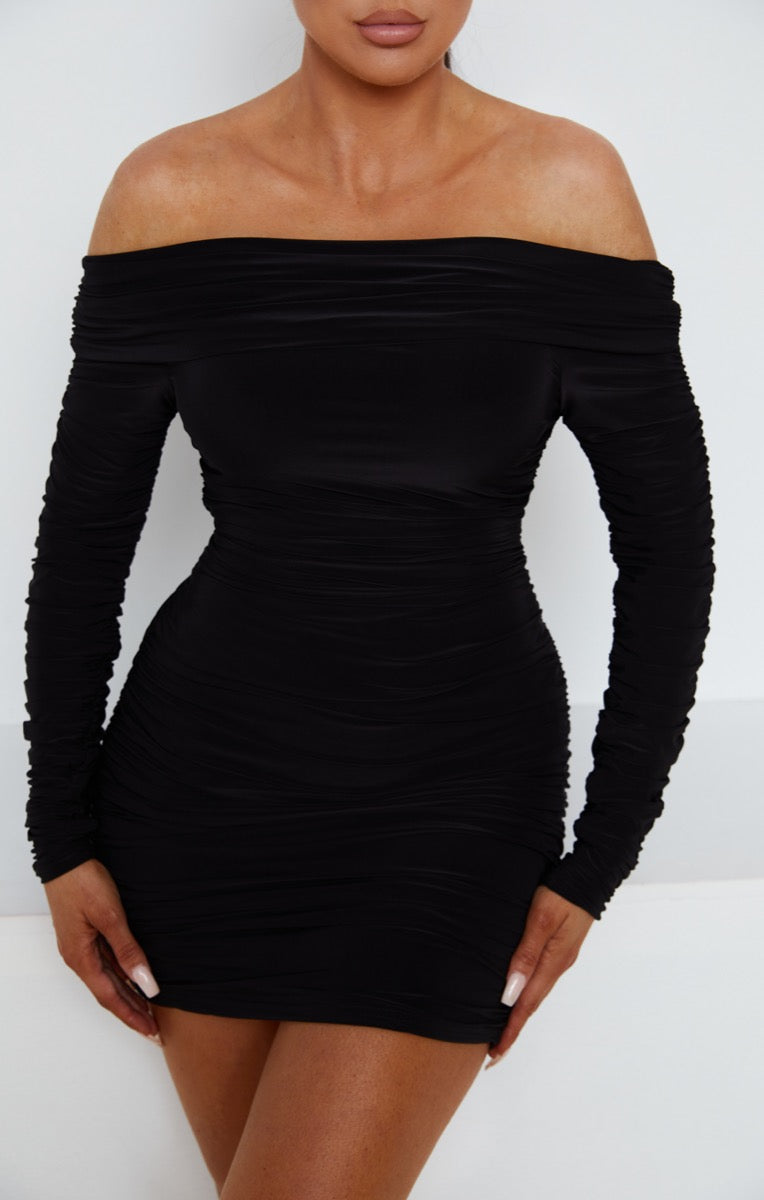 black ribbed long sleeve bardot ruched bodycon dress Plus Size Ribbed Long Sleeve Bardot Ruched Bodycon Dress Black Sculpt Bardot Ruched Side Long Sleeve