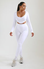 White Ribbed Long Sleeve Scoop Neck Crop Top And Fitted Leggings