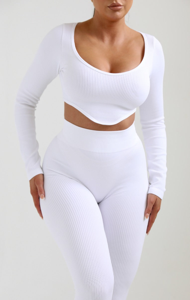 White Ribbed Long Sleeve Scoop Neck Crop Top And Fitted Leggings Two Piece  Set - Tana
