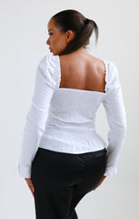 White Cup Detail Shirred Puff Sleeve Shirt - Nawal