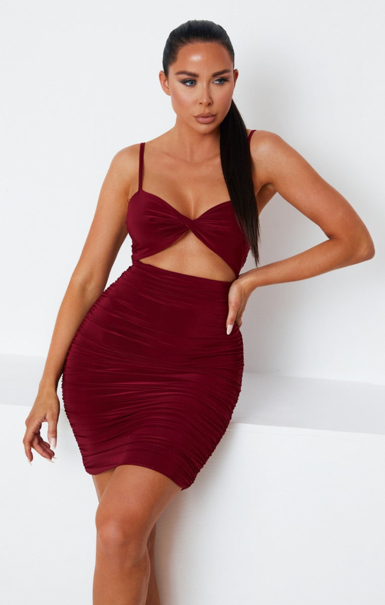 Wine Slinky Ruched Cut Out Strappy Bodycon Mini Dress - Mina Femme Luxe Wine Slinky Ruched Cut Out Strappy Bodycon Mini Dress - Mina Femme Luxe