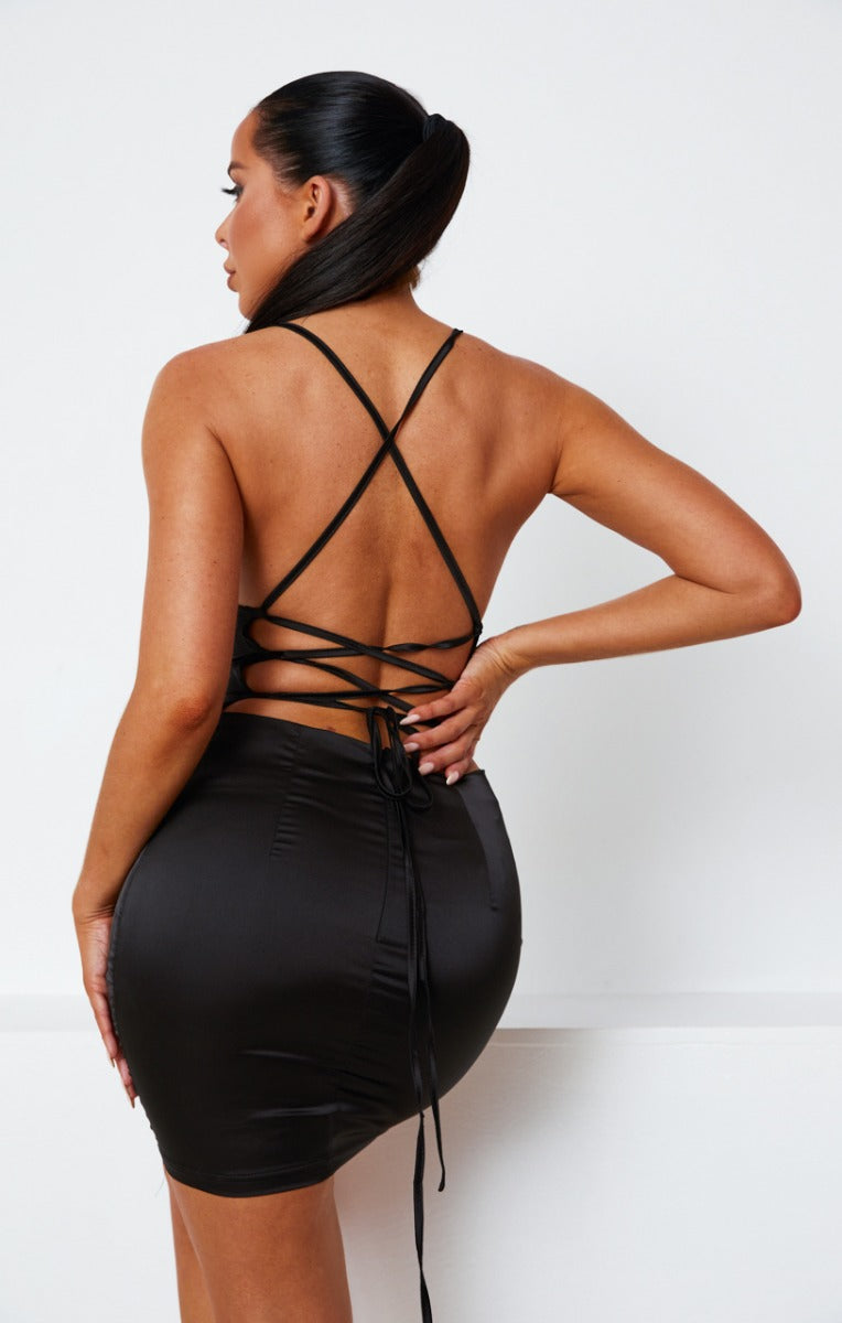 Black Satin Lace Up Back Strappy Bodycon Mini Dress - Clary Black / 8 Black Satin Lace Up Back Strappy Bodycon Mini Dress - Clary Black / 8