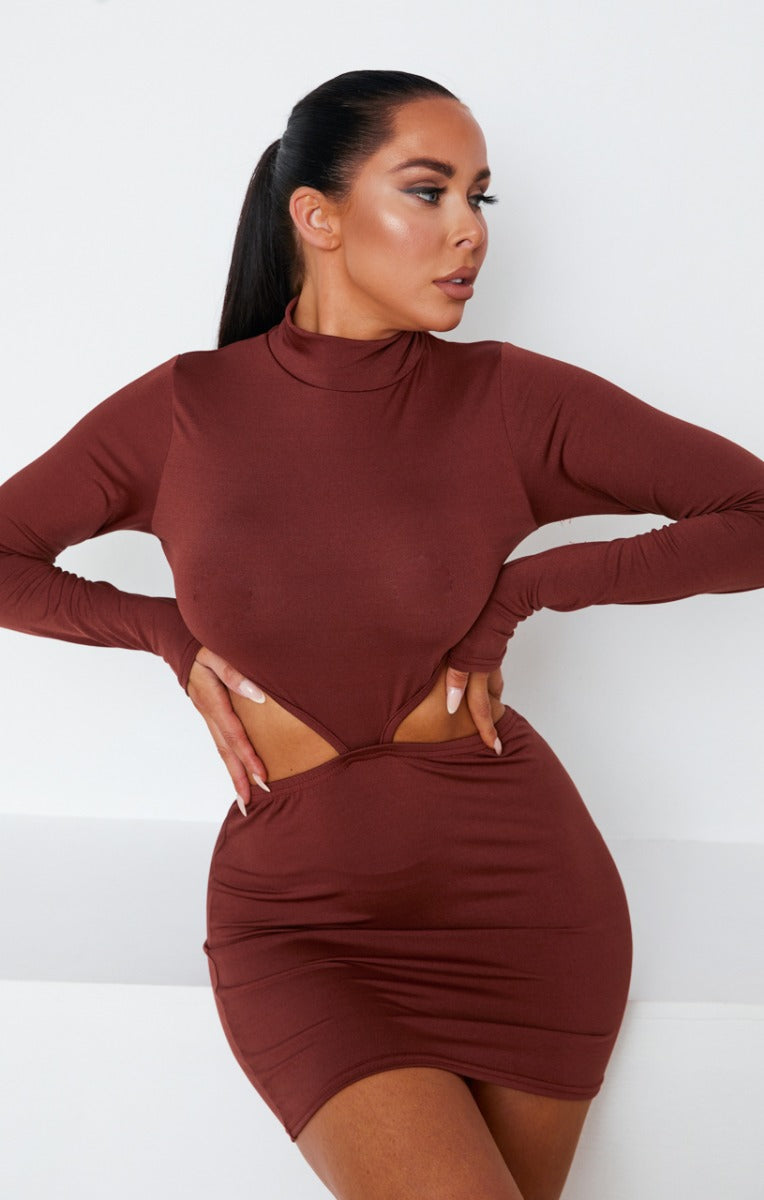 Brown High Neck Long Sleeve Cut Out Side Bodycon Mini Dress - Saanvi Femme Luxe Brown High Neck Long Sleeve Cut Out Side Bodycon Mini Dress - Saanvi Femme Luxe