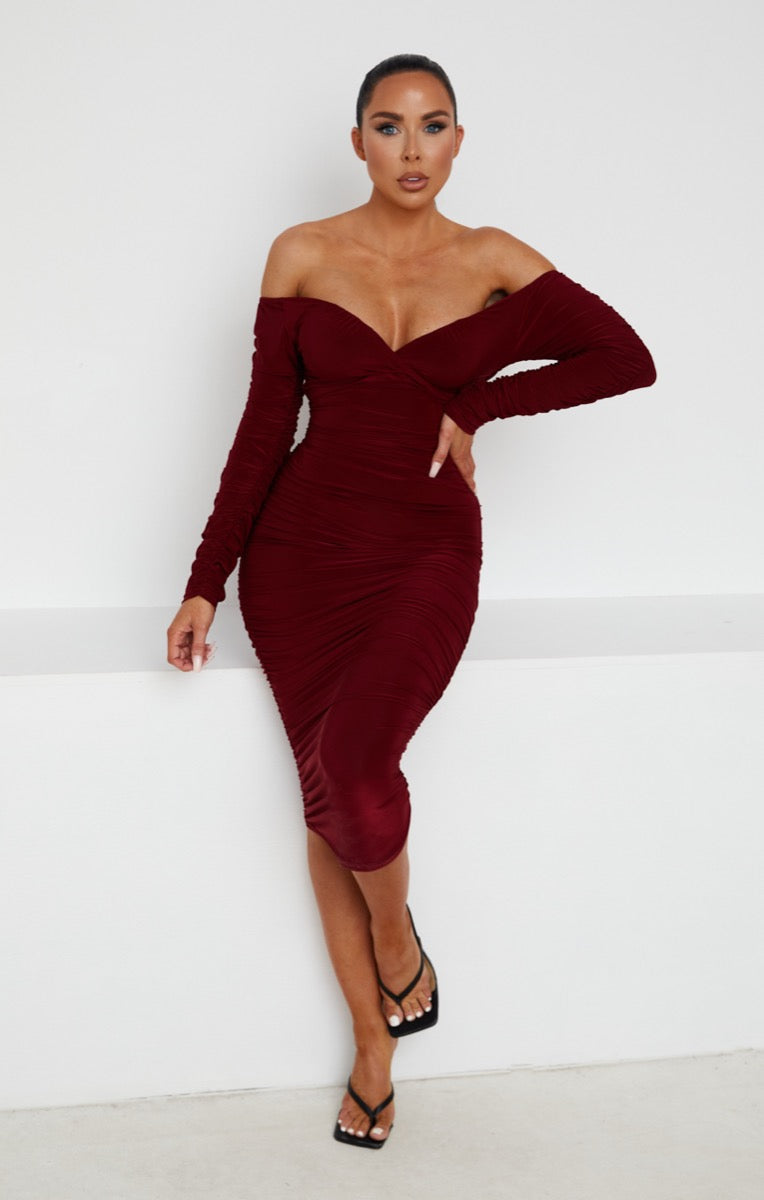 ribbed long sleeve bardot ruched bodycon dress Long Sleeve Ruched Bardot Midi Dress White