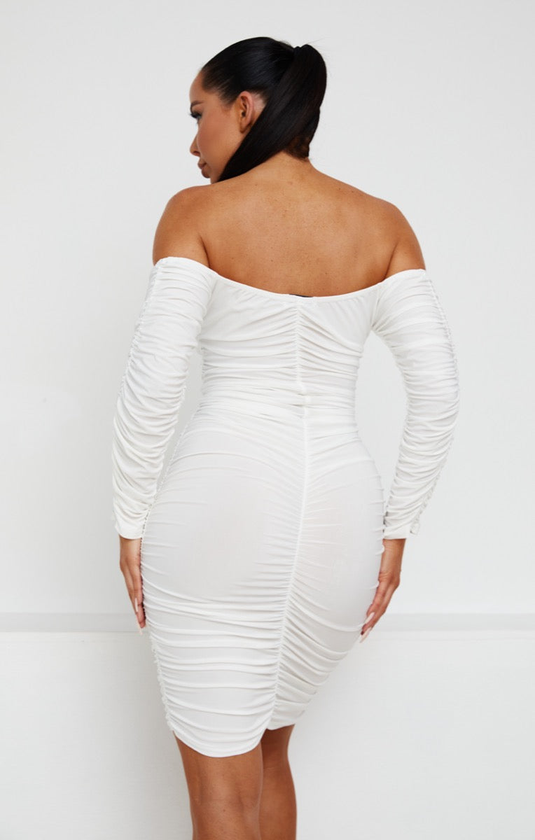 white bardot ruched bodycon dress Bardot Ruched Maxi Dress Ivory